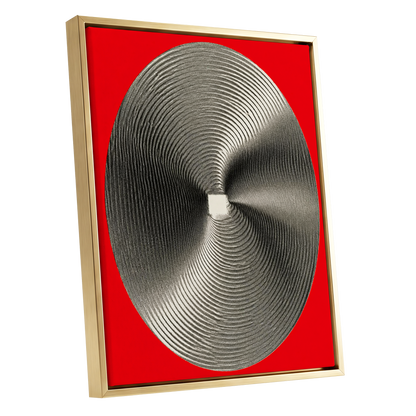 Crimson Orbit, red, black, gray abstract wall art shown as a gold framed canvas wall art
