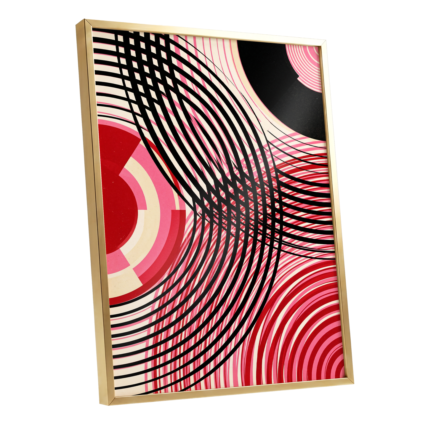 Crimson Orbit, black, pink, red abstract wall art shown as a gold framed poster wall art print