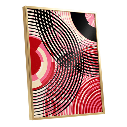 Crimson Orbit, black, pink, red abstract wall art shown as a gold framed poster wall art print