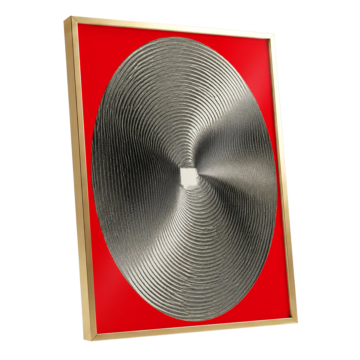 Crimson Orbit, red, black, gray abstract wall art shown as a gold framed poster wall art print