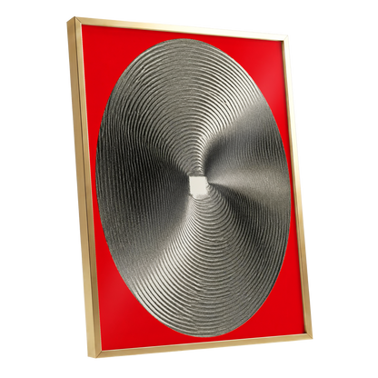 Crimson Orbit, red, black, gray abstract wall art shown as a gold framed poster wall art print