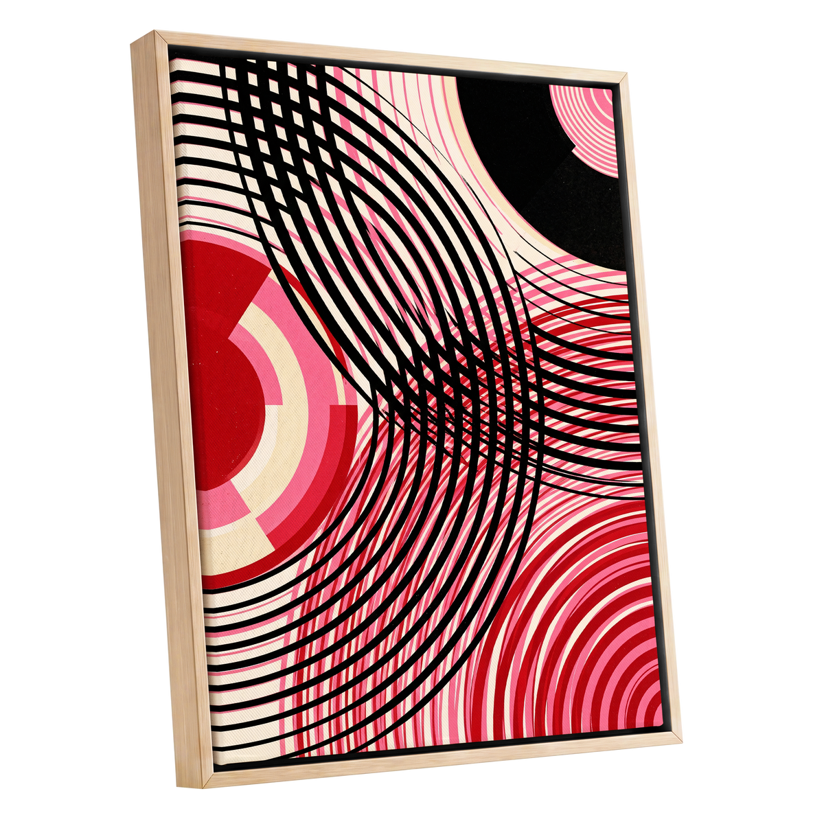 Crimson Orbit, black, pink, red abstract wall art shown as a oak framed canvas wall art