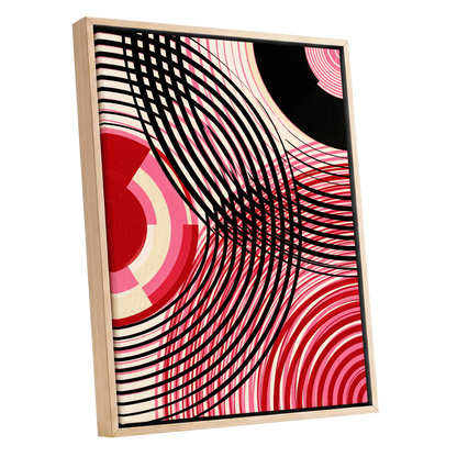 Crimson Orbit, black, pink, red abstract wall art shown as a oak framed canvas wall art