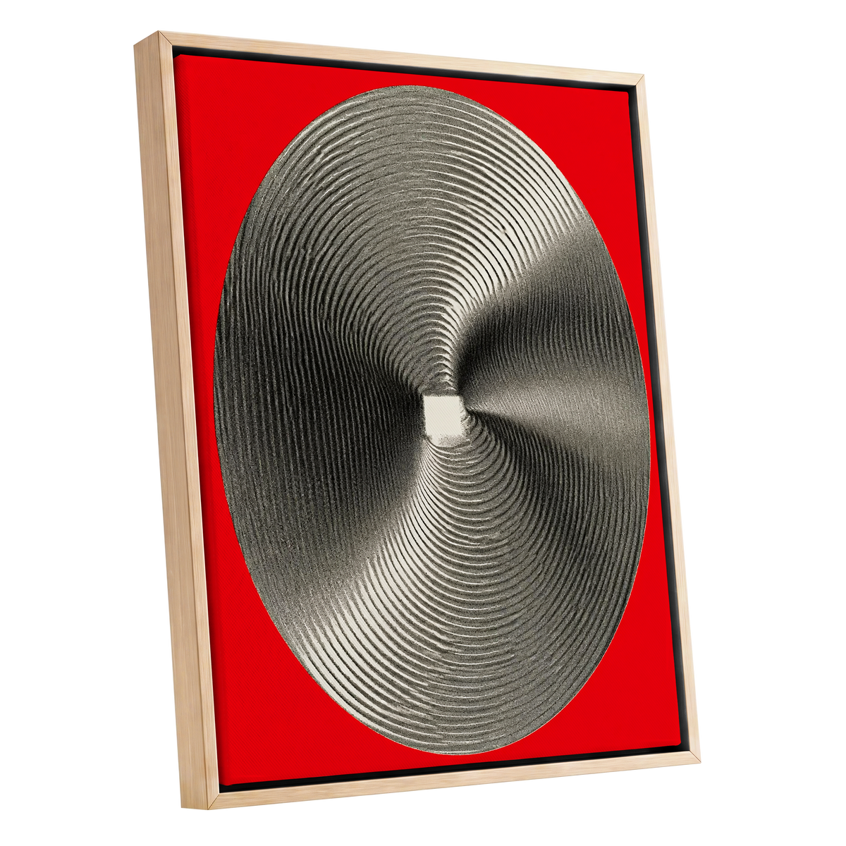 Crimson Orbit, red, black, gray abstract wall art shown as a oak framed canvas wall art