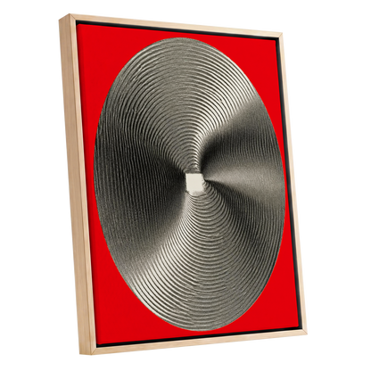 Crimson Orbit, red, black, gray abstract wall art shown as a oak framed canvas wall art
