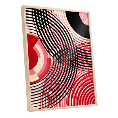 Crimson Orbit, black, pink, red abstract wall art shown as a oak framed poster wall art print