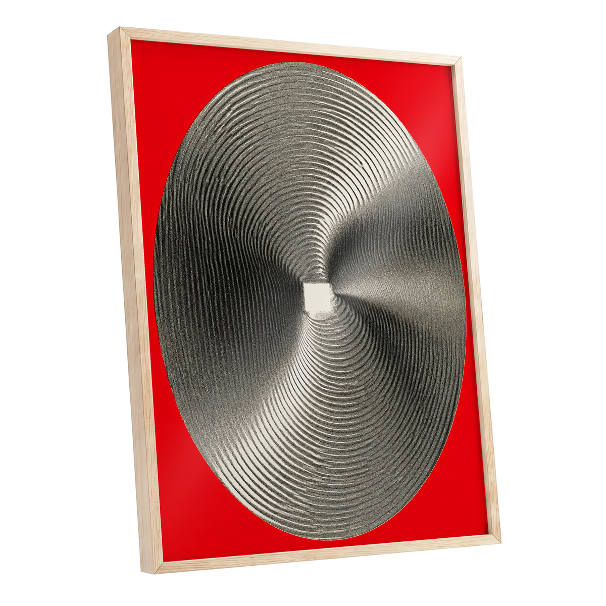 Crimson Orbit, red, black, gray abstract wall art shown as a oak framed poster wall art print