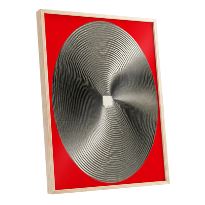 Crimson Orbit, red, black, gray abstract wall art shown as a oak framed poster wall art print