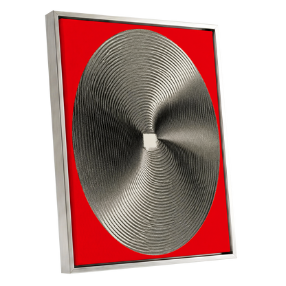 Crimson Orbit, red, black, gray abstract wall art shown as a silver framed canvas wall art