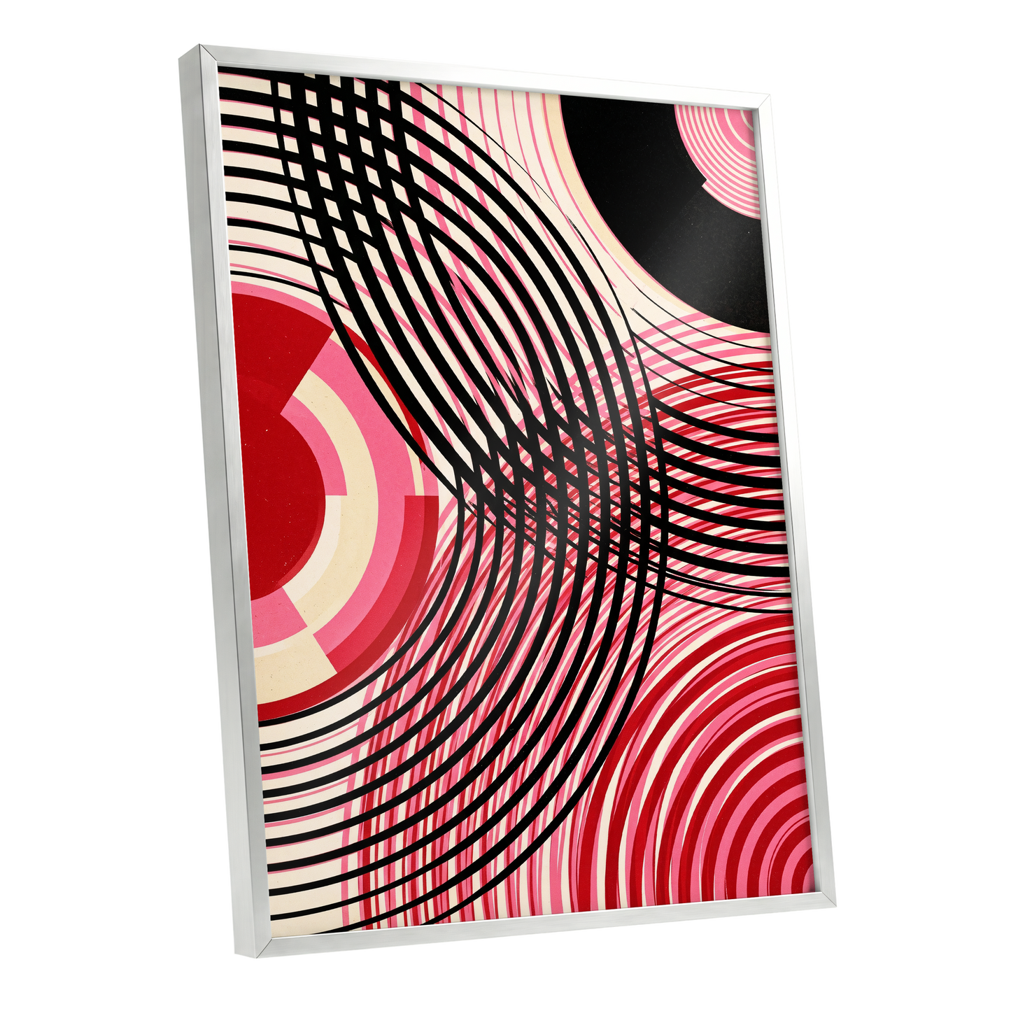 Crimson Orbit, black, pink, red abstract wall art shown as a silver framed poster wall art print