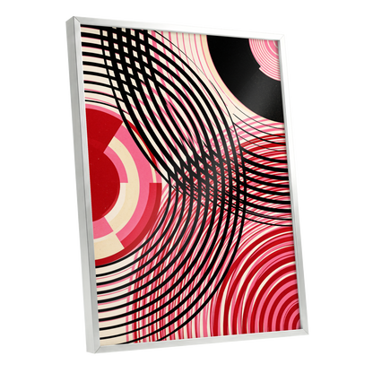 Crimson Orbit, black, pink, red abstract wall art shown as a silver framed poster wall art print