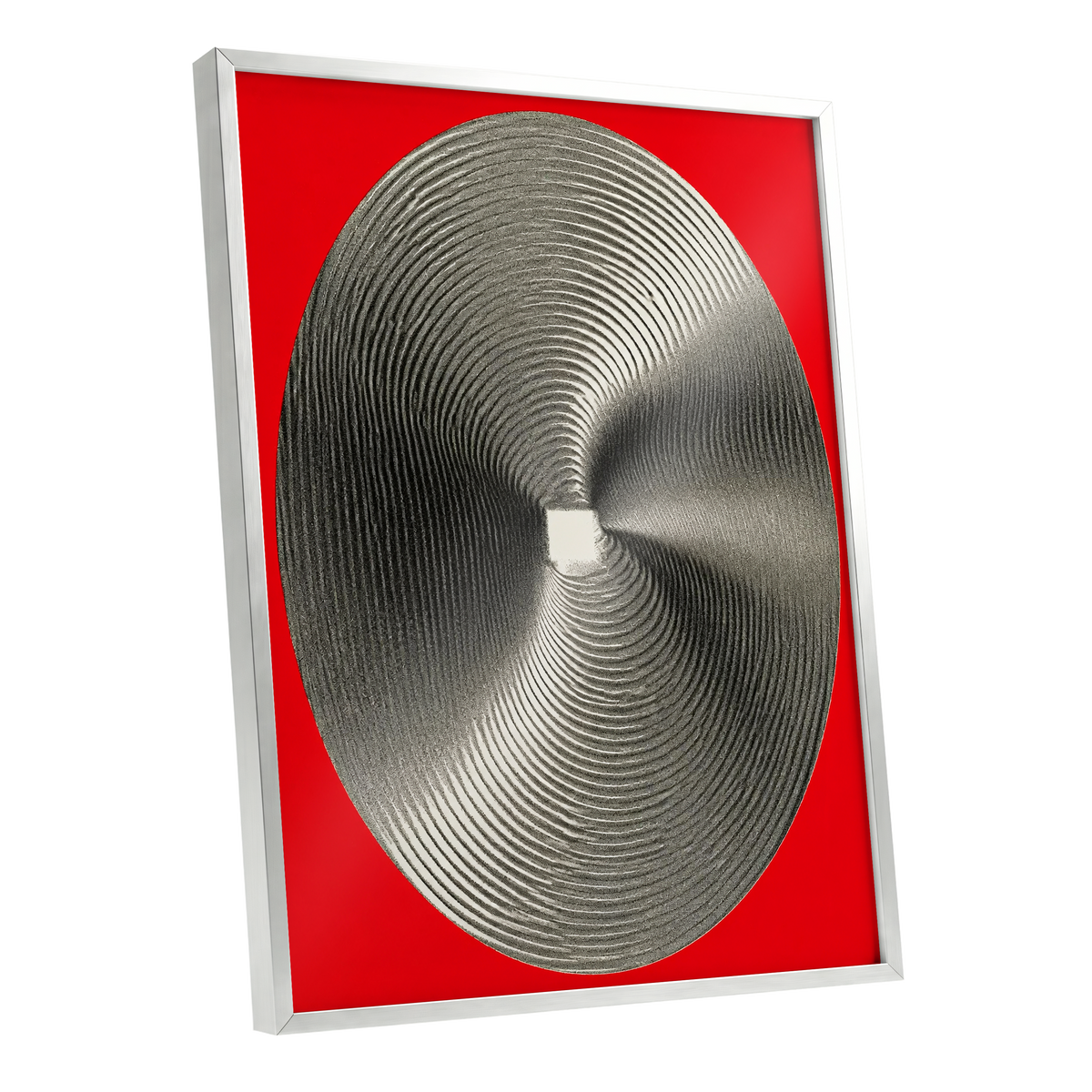 Crimson Orbit, red, black, gray abstract wall art shown as a silver framed poster wall art print