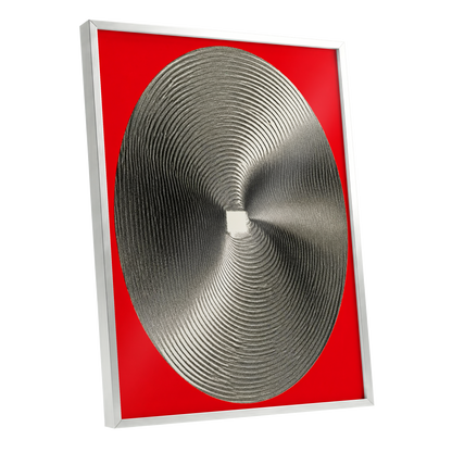 Crimson Orbit, red, black, gray abstract wall art shown as a silver framed poster wall art print