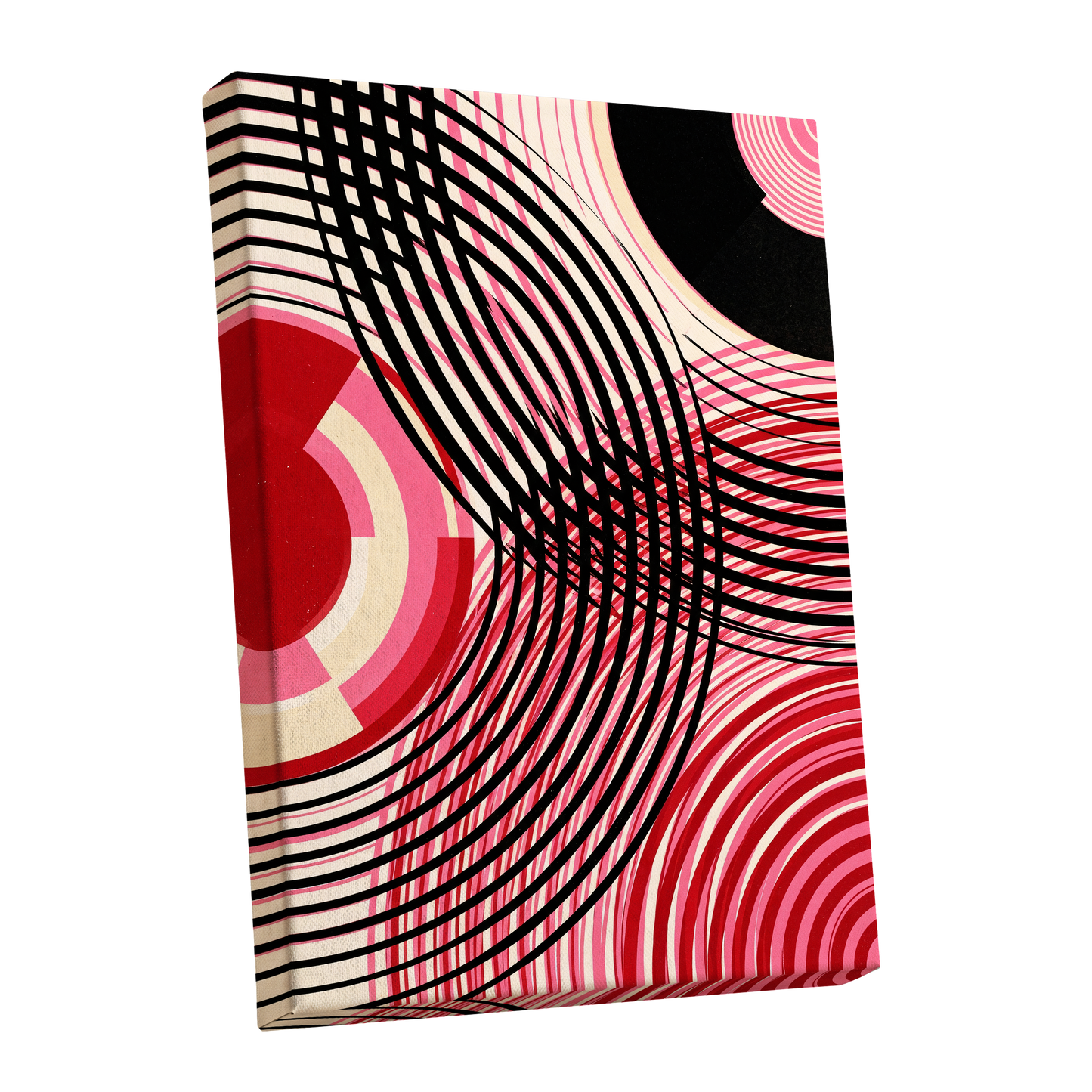 Crimson Orbit, black, pink, red abstract wall art shown as a stretched canvas wall art