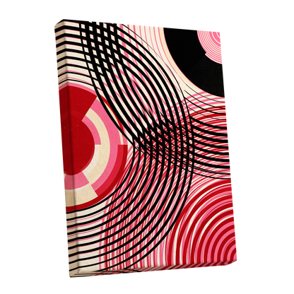Crimson Orbit, black, pink, red abstract wall art shown as a stretched canvas wall art