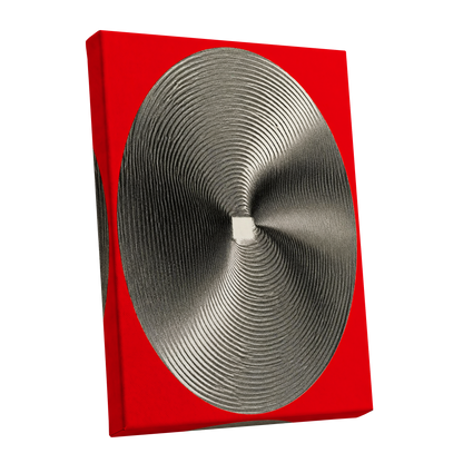 Crimson Orbit, red, black, gray abstract wall art shown as a stretched canvas wall art