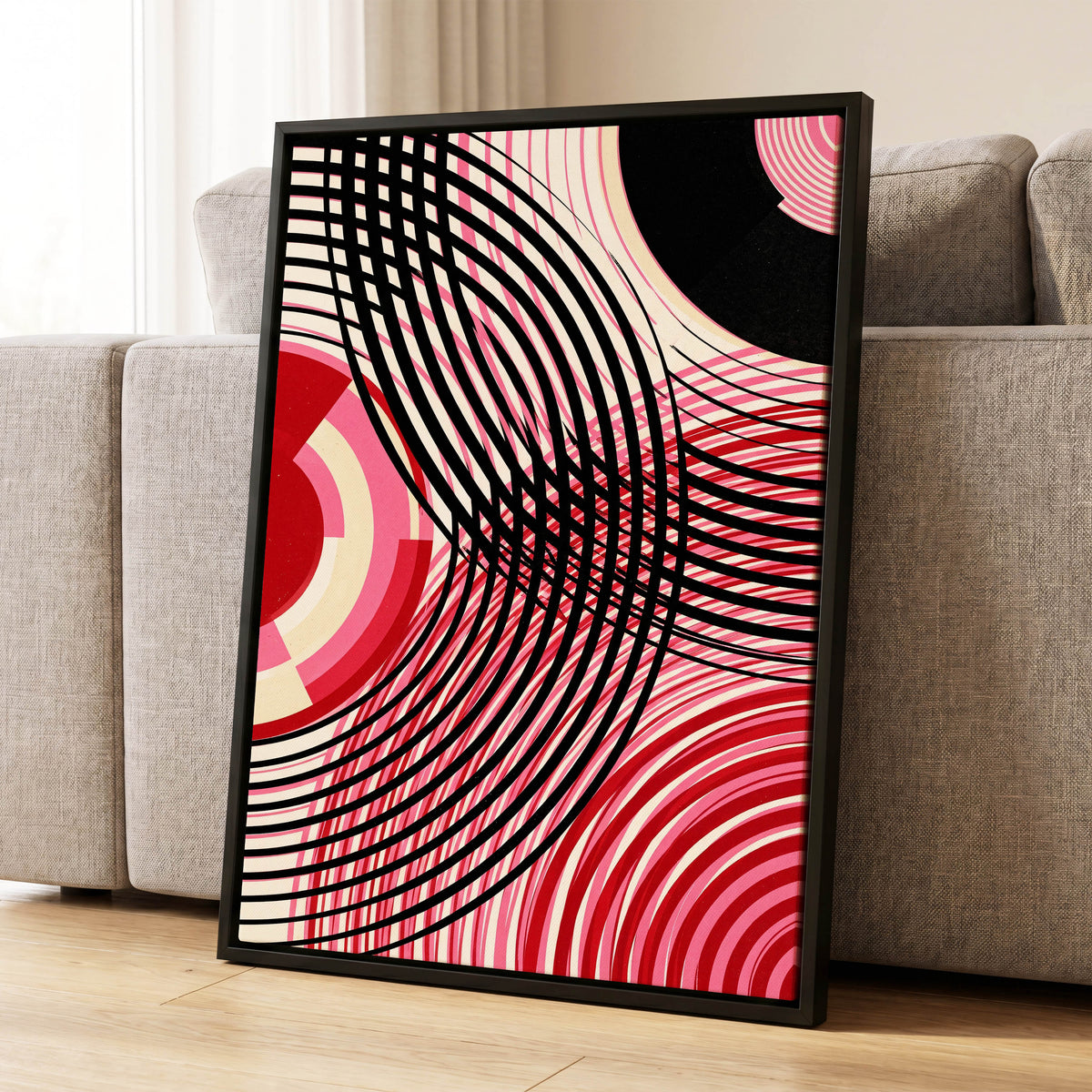 Crimson Orbit, black, pink, red abstract wall art displayed in a styled interior, gallery view 1