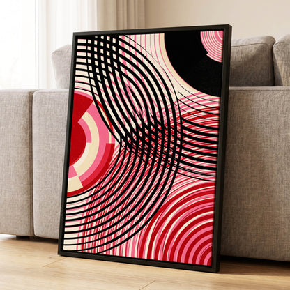 Crimson Orbit, black, pink, red abstract wall art displayed in a styled interior, gallery view 1