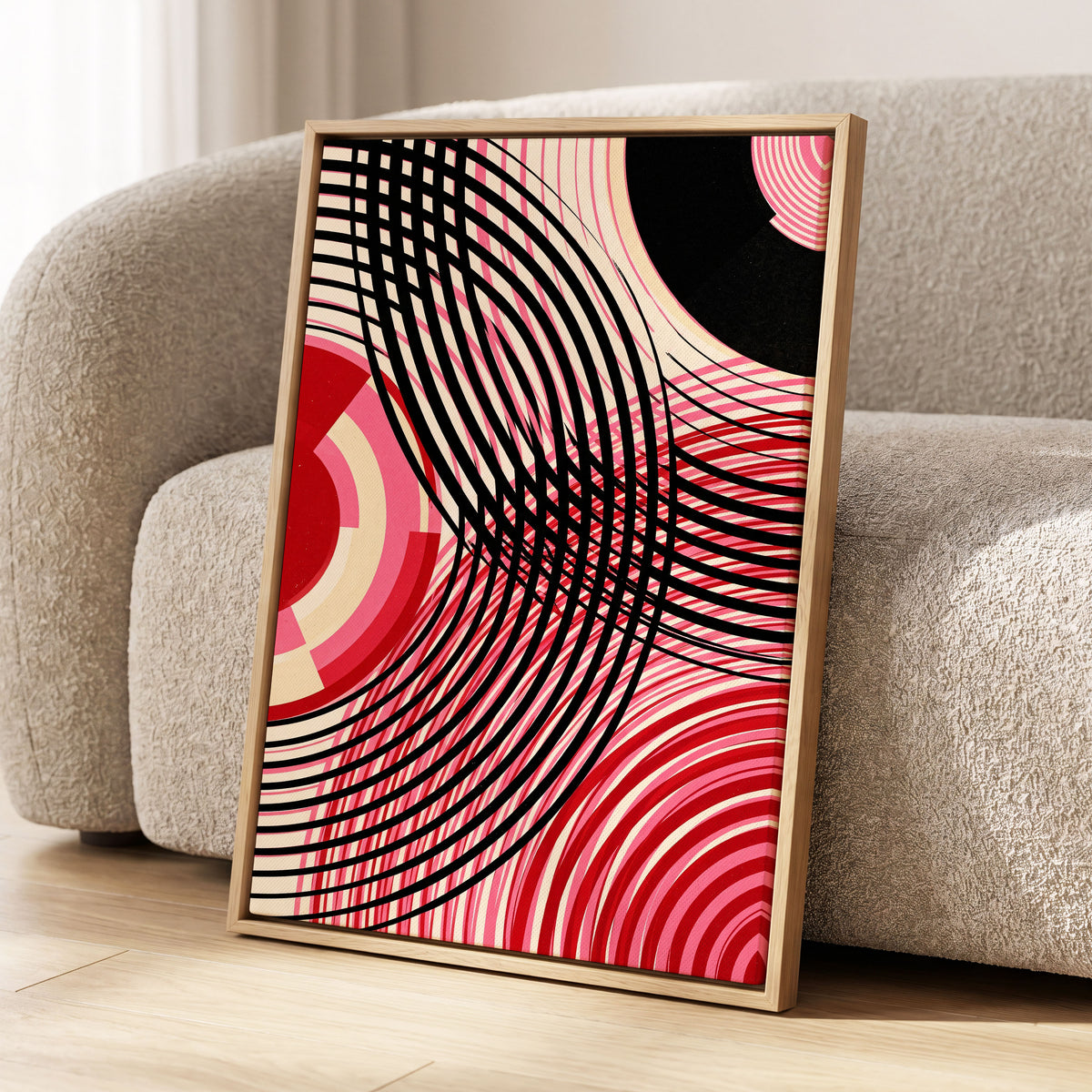 Crimson Orbit, black, pink, red abstract wall art displayed in a styled interior, gallery view 2