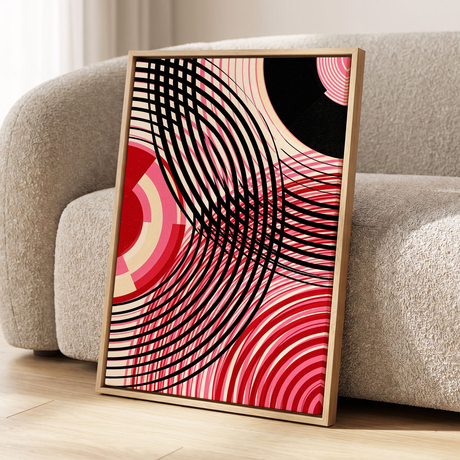 Crimson Orbit, black, pink, red abstract wall art displayed in a styled interior, gallery view 2