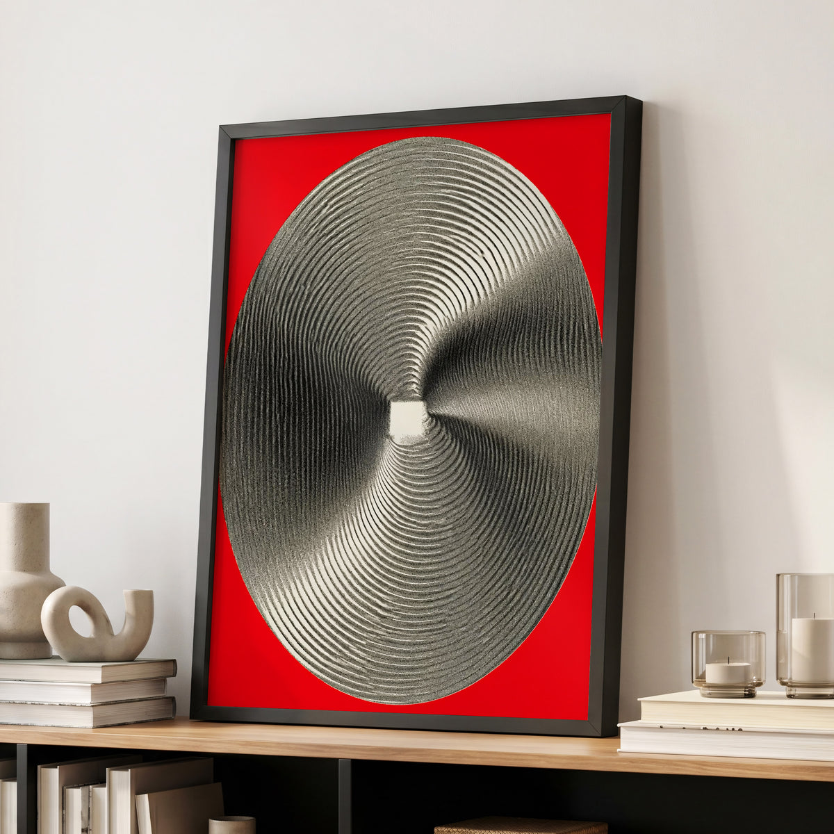 Crimson Orbit, red, black, gray abstract wall art displayed in a styled interior, gallery view 2
