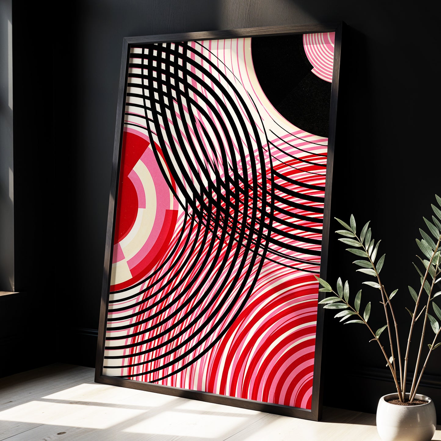 Crimson Orbit, black, pink, red abstract wall art displayed in a styled interior, gallery view 3