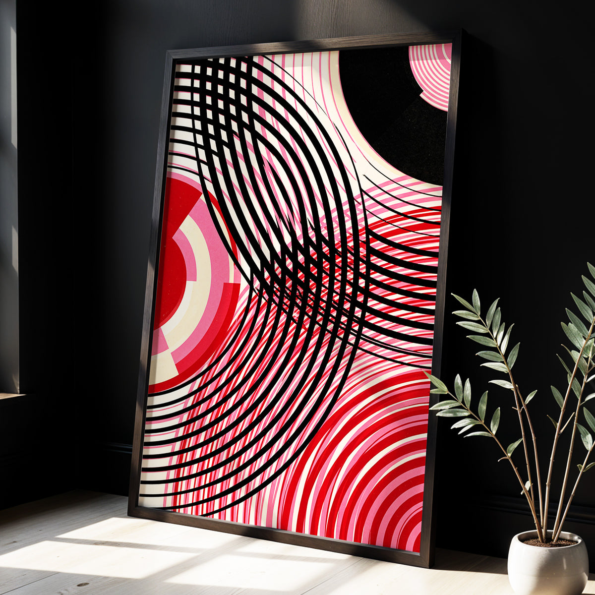 Crimson Orbit, black, pink, red abstract wall art displayed in a styled interior, gallery view 3