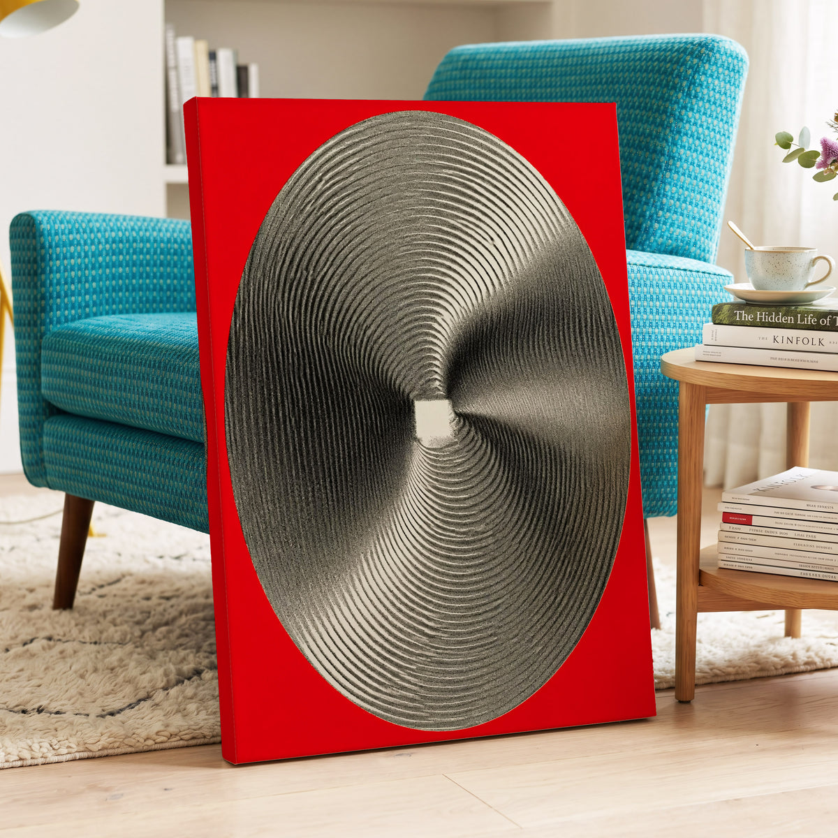Crimson Orbit, red, black, gray abstract wall art displayed in a styled interior, gallery view 3