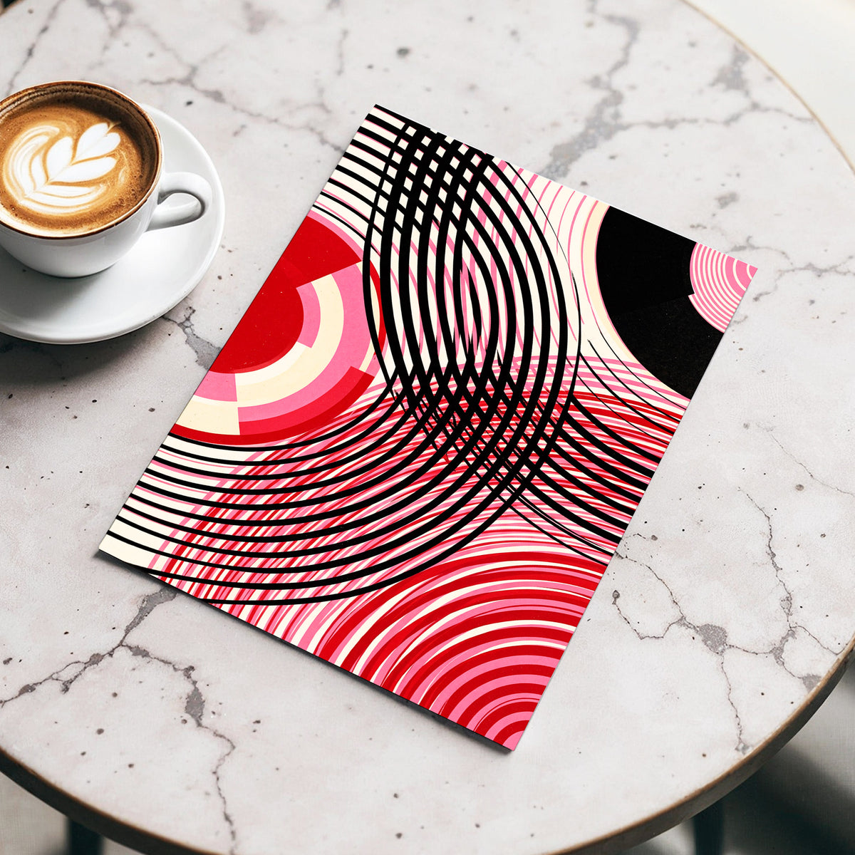 Crimson Orbit, black, pink, red abstract wall art displayed in a styled interior, gallery view 4