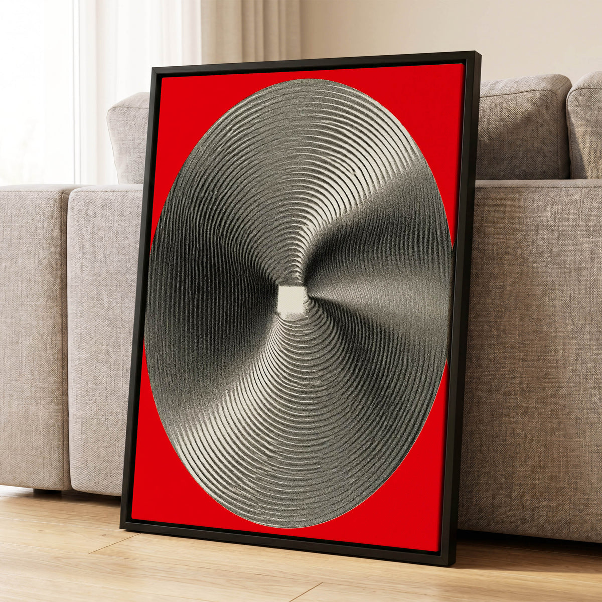 Crimson Orbit, red, black, gray abstract wall art displayed in a styled interior, gallery view 4