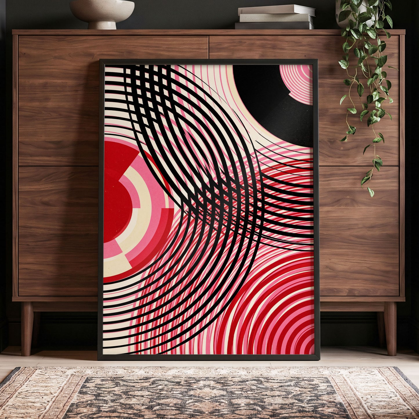Crimson Orbit, black, pink, red abstract wall art displayed in a styled interior, gallery view 5