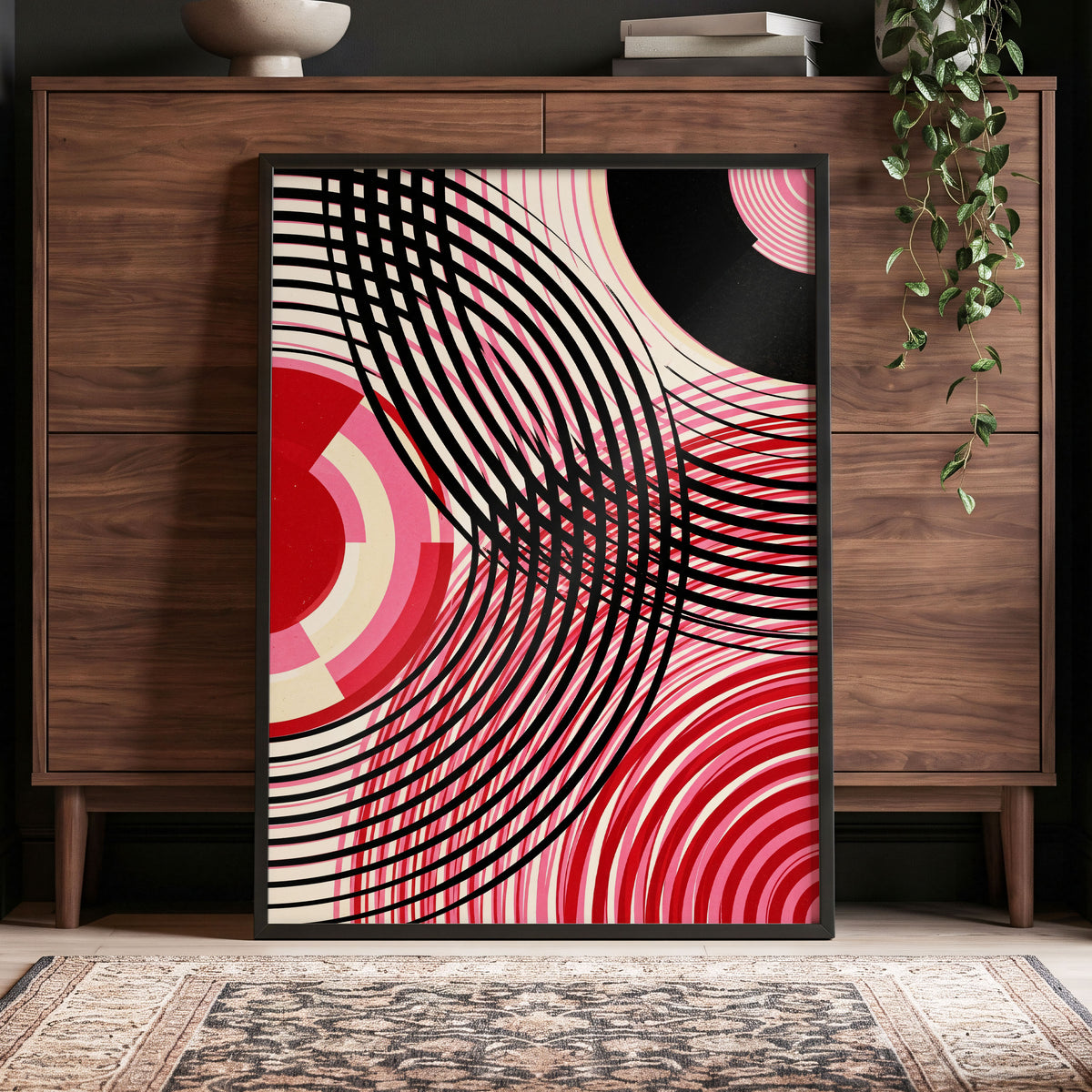 Crimson Orbit, black, pink, red abstract wall art displayed in a styled interior, gallery view 5