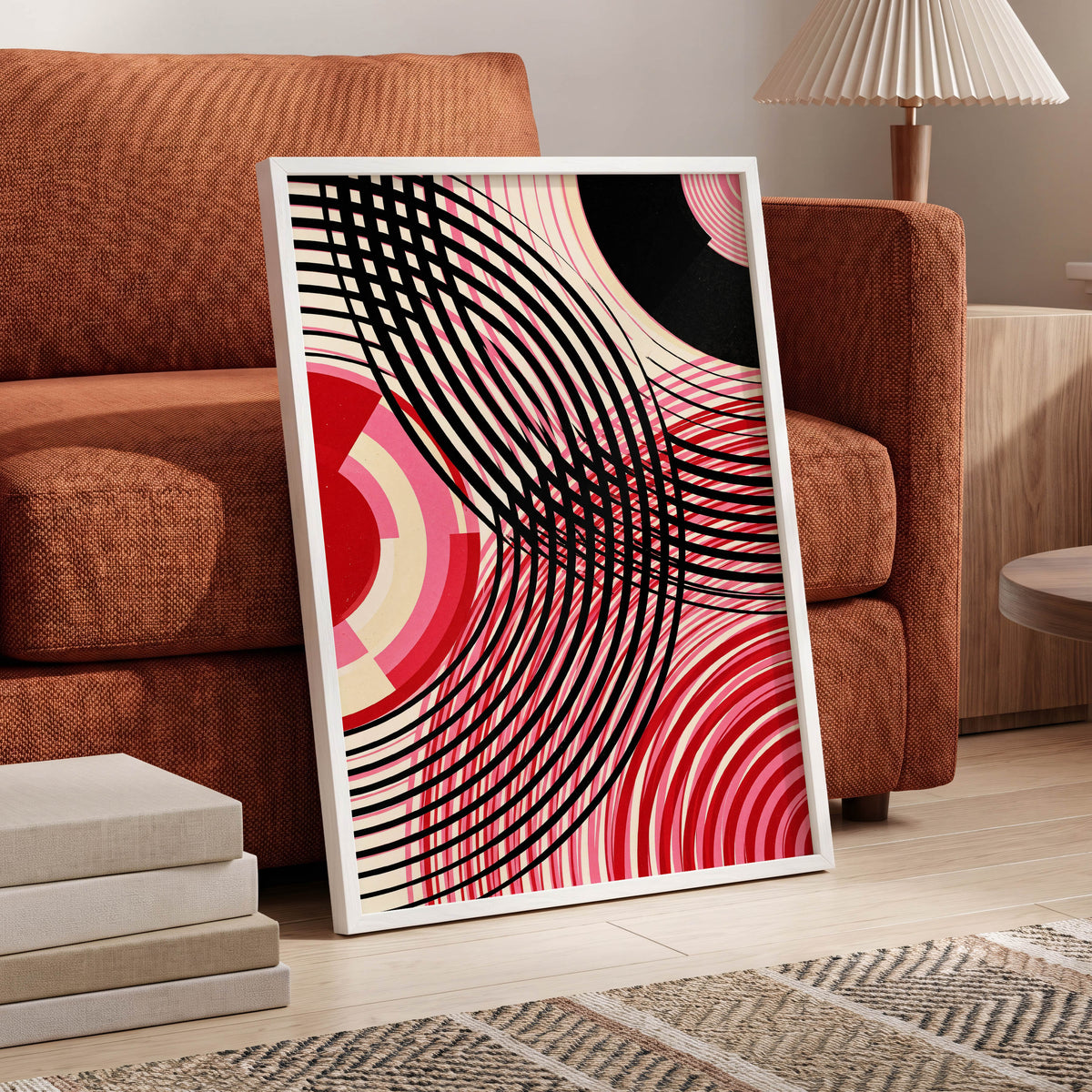 Crimson Orbit, black, pink, red abstract wall art displayed in a styled interior, gallery view 6