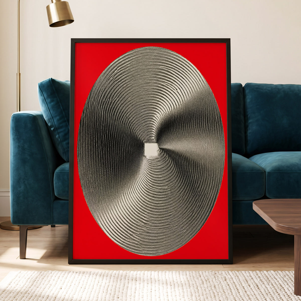 Crimson Orbit, red, black, gray abstract wall art displayed in a styled interior, gallery view 6