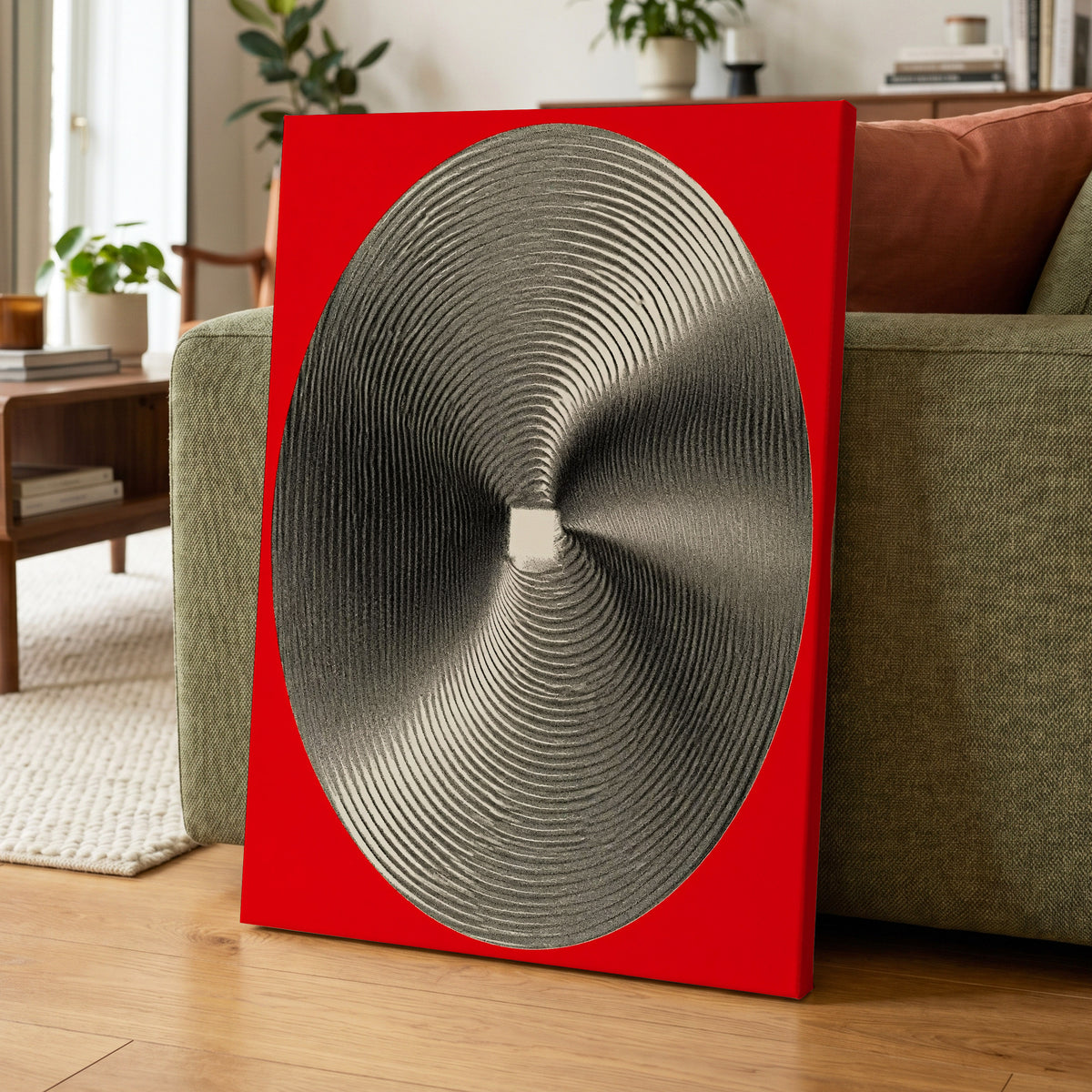 Crimson Orbit, red, black, gray abstract wall art displayed in a styled interior, gallery view 7