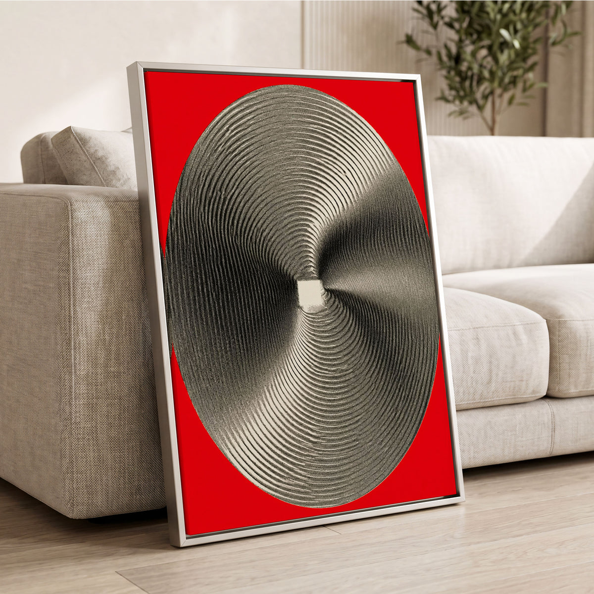 Crimson Orbit, red, black, gray abstract wall art displayed in a styled interior, gallery view 8