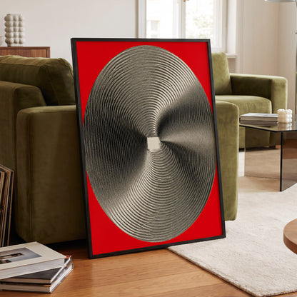 Crimson Orbit, red, black, gray abstract wall art displayed in a styled interior, gallery view 9
