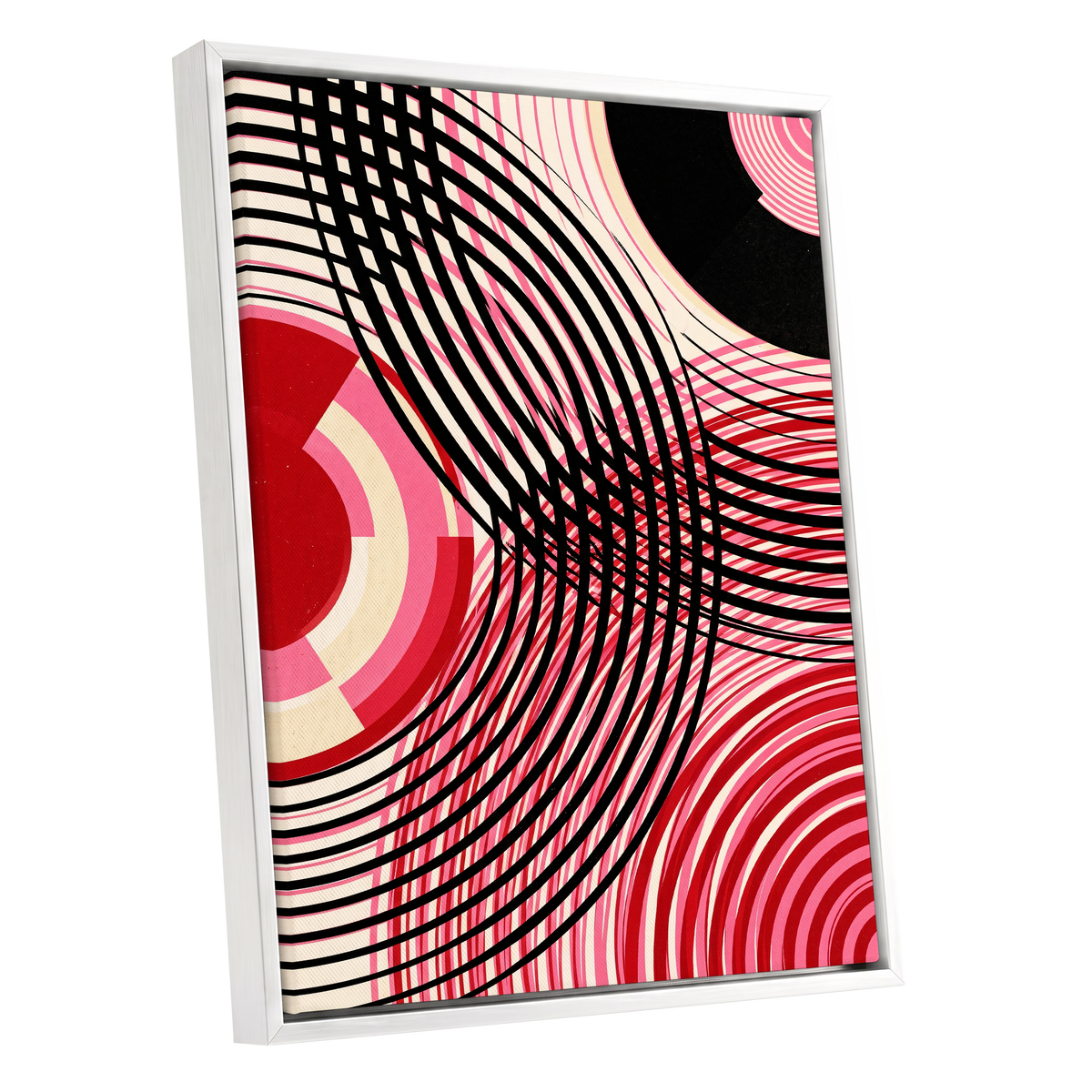 Crimson Orbit, black, pink, red abstract wall art shown as a white framed canvas wall art