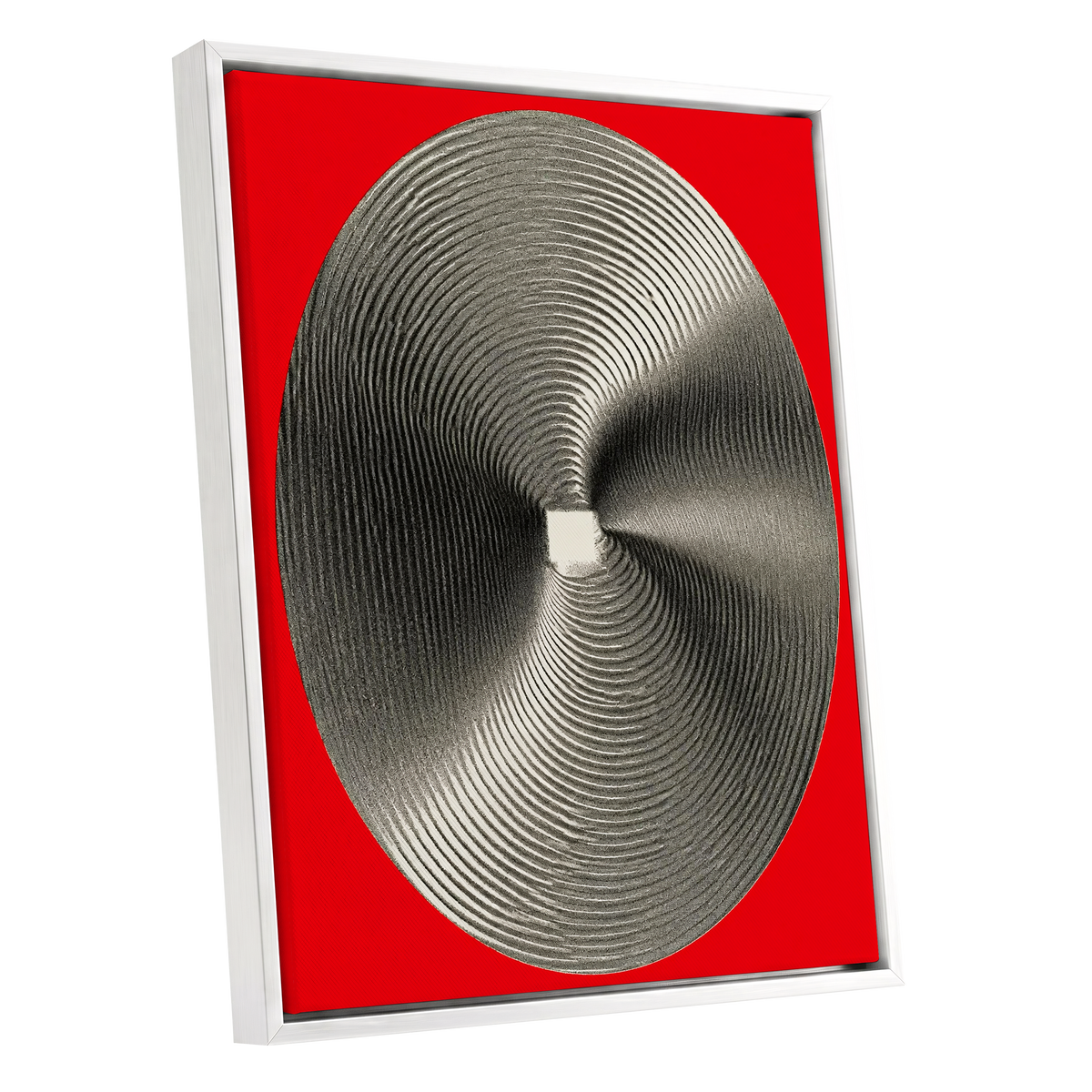 Crimson Orbit, red, black, gray abstract wall art shown as a white framed canvas wall art