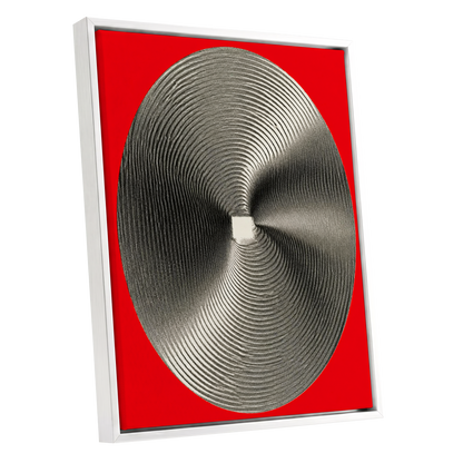 Crimson Orbit, red, black, gray abstract wall art shown as a white framed canvas wall art