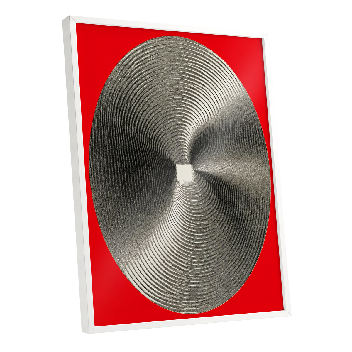 Crimson Orbit, red, black, gray abstract wall art shown as a white framed poster wall art print