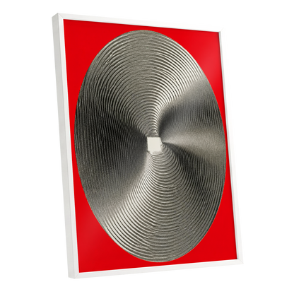 Crimson Orbit, red, black, gray abstract wall art shown as a white framed poster wall art print