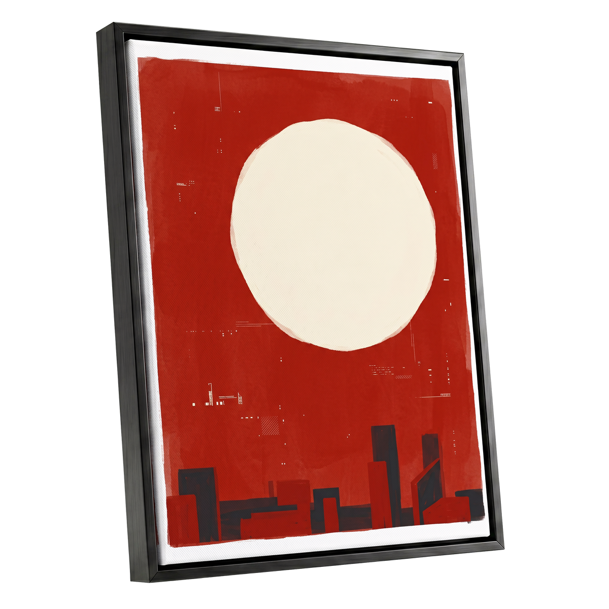 Crimson Quiet, red, beige, black minimalist wall art shown as a black framed canvas wall art