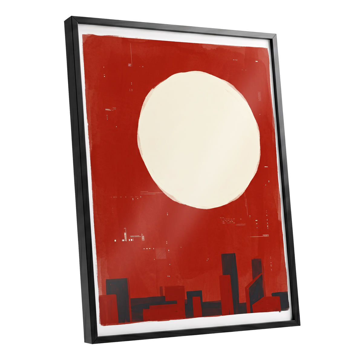 Crimson Quiet, red, beige, black minimalist wall art shown as a black framed poster wall art print