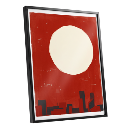 Crimson Quiet, red, beige, black minimalist wall art shown as a black framed poster wall art print