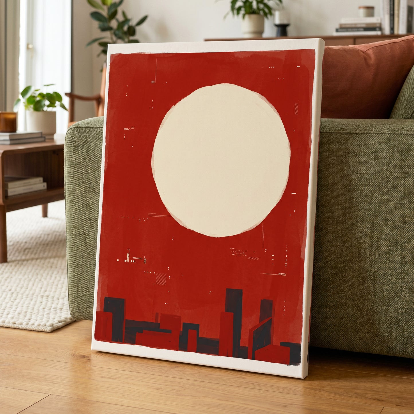 Crimson Quiet, red, beige, black minimalist wall art on canvas displayed in a styled interior, gallery view 1