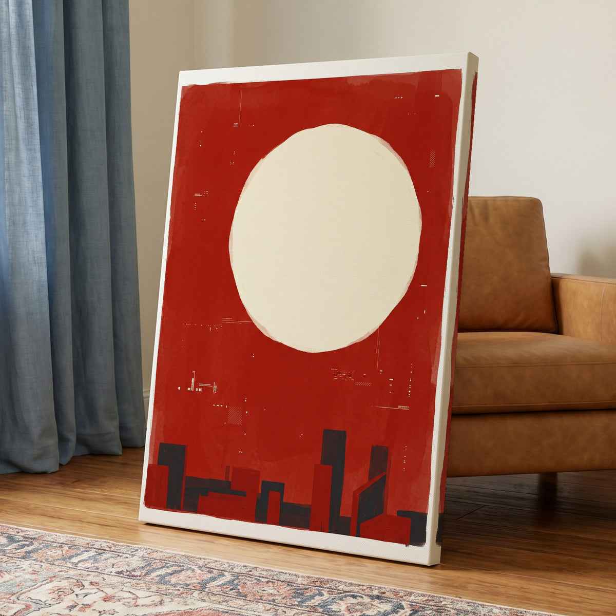 Crimson Quiet, red, beige, black minimalist wall art on canvas displayed in a styled interior, gallery view 2