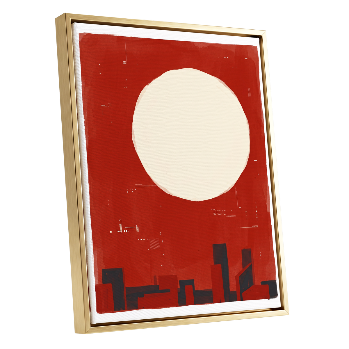 Crimson Quiet, red, beige, black minimalist wall art shown as a gold framed canvas wall art