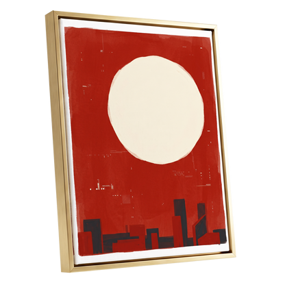 Crimson Quiet, red, beige, black minimalist wall art shown as a gold framed canvas wall art