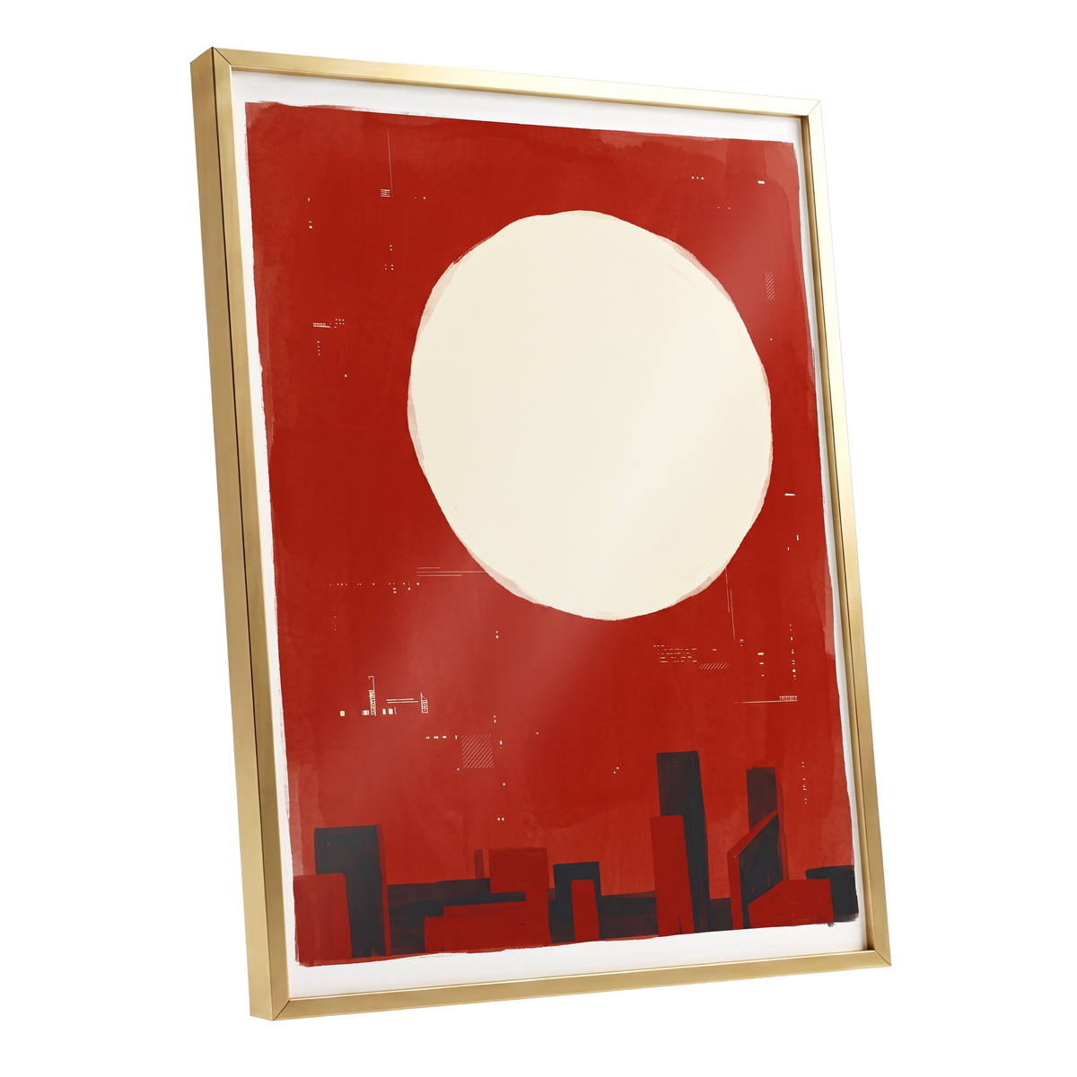 Crimson Quiet, red, beige, black minimalist wall art shown as a gold framed poster wall art print